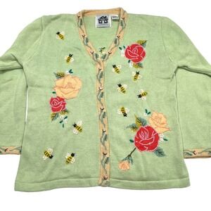 VTG Storybook Knits Bees and Flowers Cardigan Women's M Green Embroidered Bling
